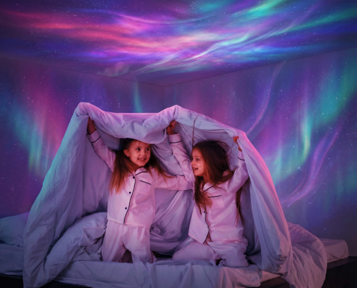 Kids room with galaxy projector light show